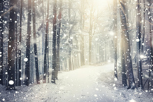 Snowy forest path with sunlight filtering through trees, creating a peaceful an, a Nature Photo by Mashimara