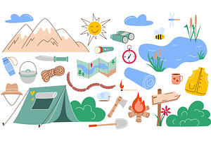 Hiking equipment and items set for, a Transportation Illustration by Tati_Kli