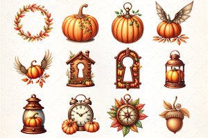 Watercolor Steampunk Autumn Clipart, an Illustration by CrexoraLab