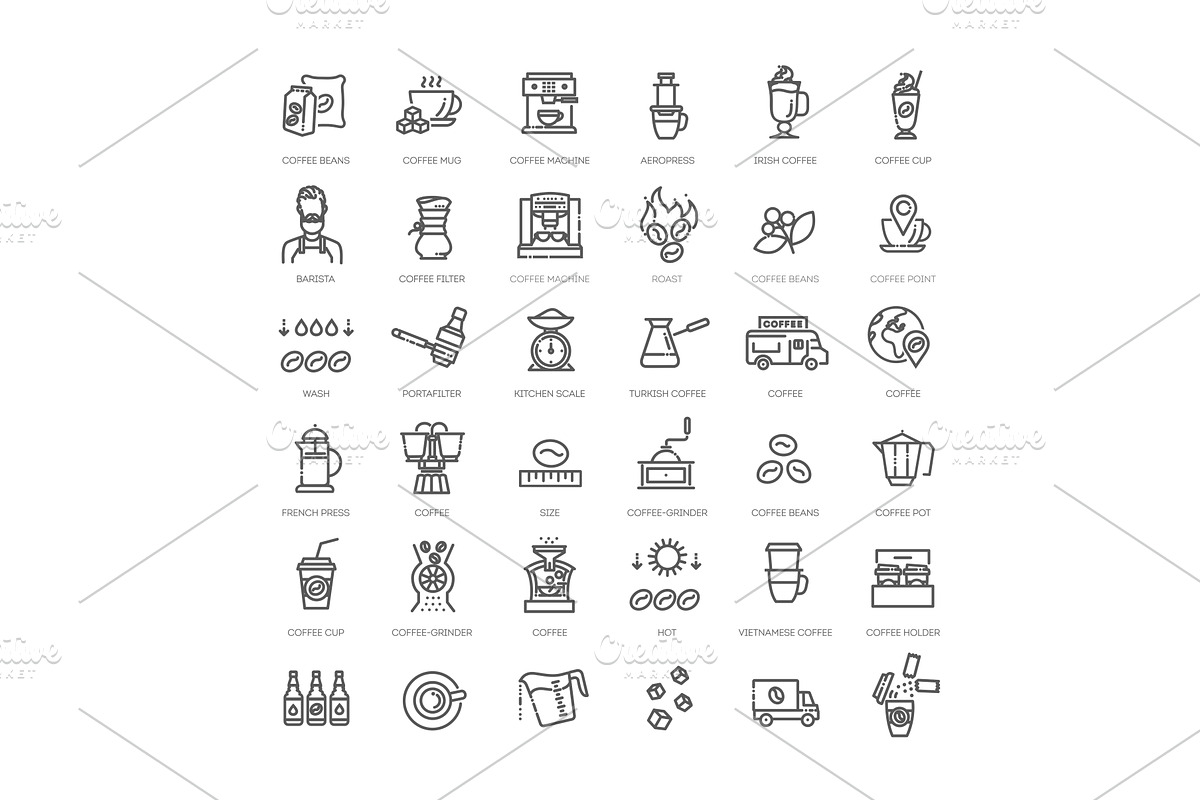 Set of coffee production icons, an Illustration by Tettygreen