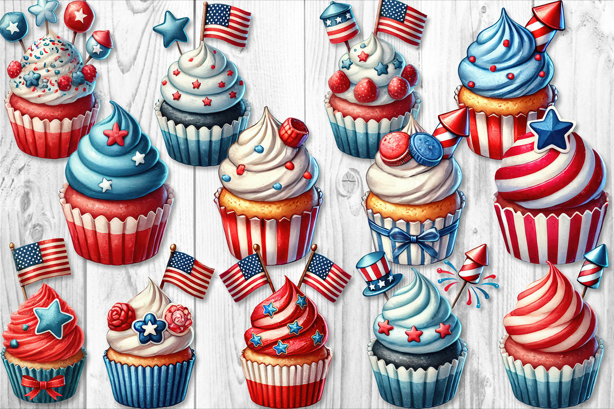 35 Patriotic Watercolor Cupcake Set, an Object Graphic by V Design Creator (Photo 5 of 10)