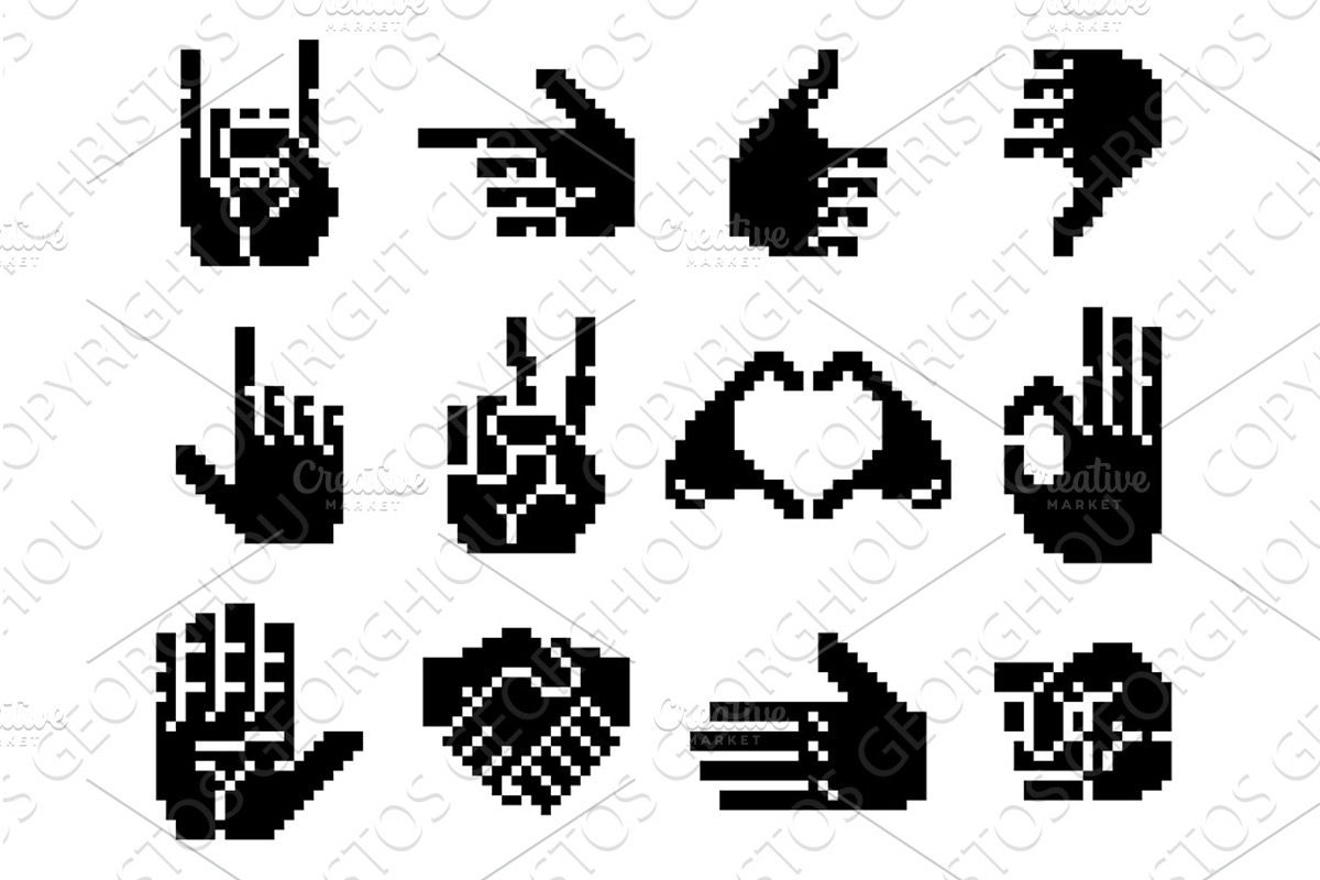Black Pixel Art Hand Retro Icons Set, an Object Illustration by Christos Georghiou