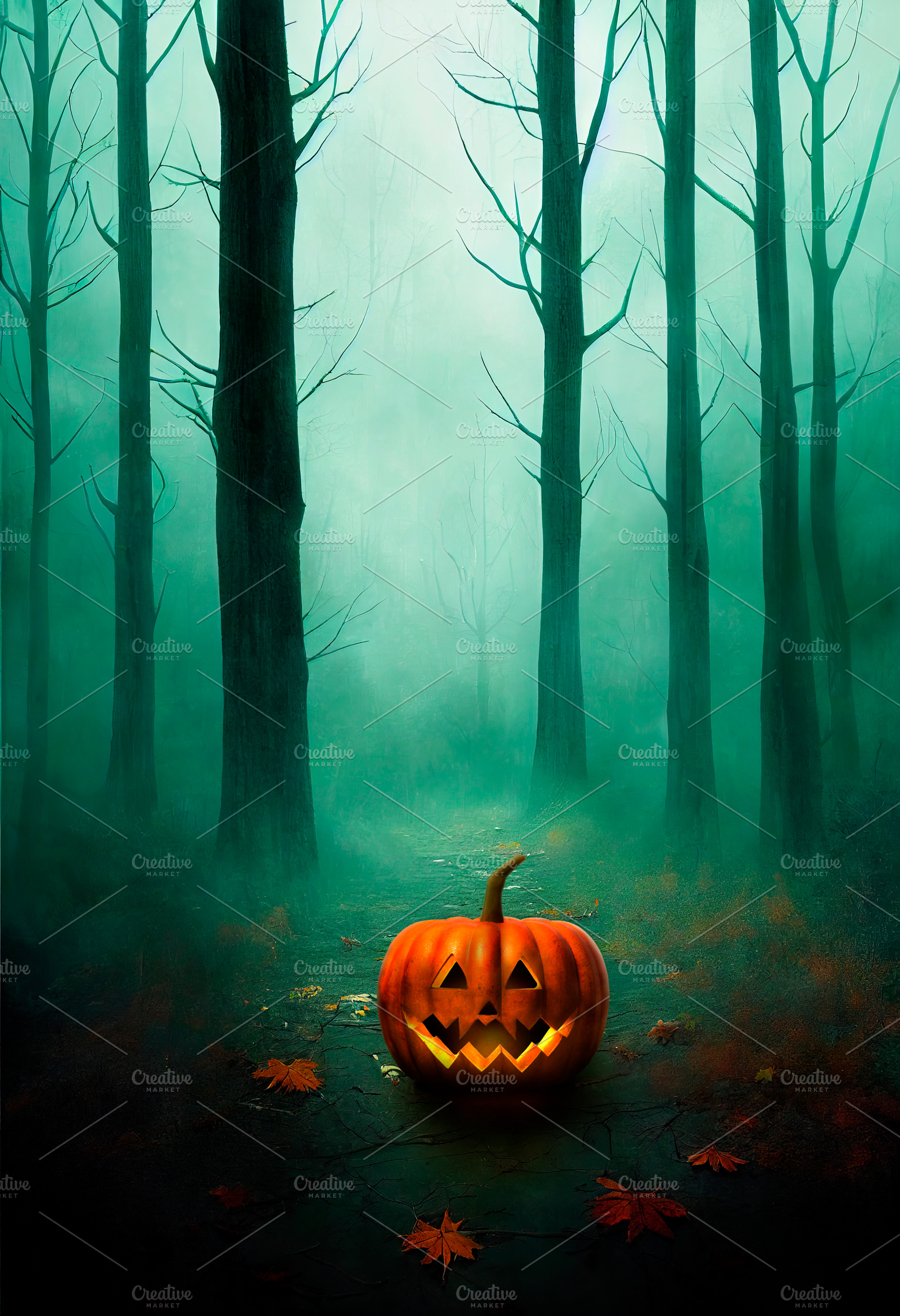 Halloween pumpkin in dark forest, a Holiday Photo by hitdelight