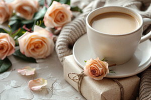 Cozy coffee cup with roses and gift box warm romantic scene, a Holiday Photo by José Manuel Gelpi