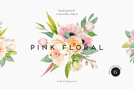 Pink Floral Mood. Watercolor Set