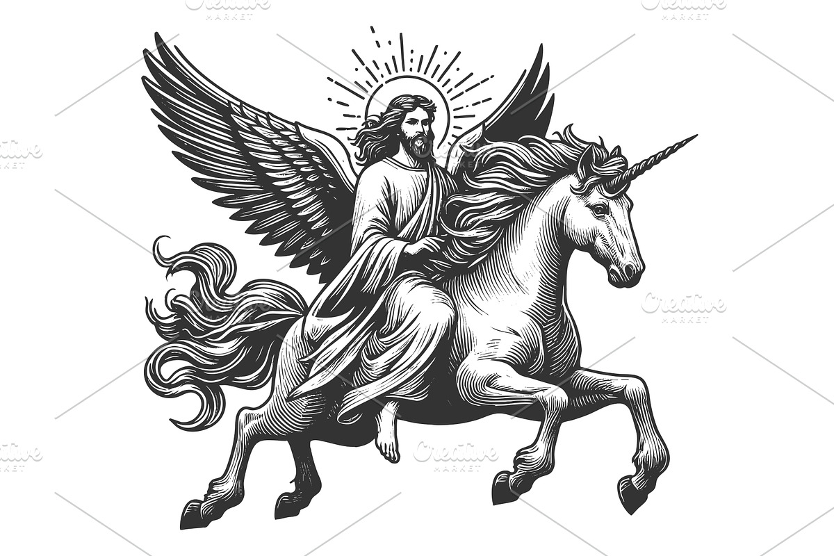 Jesus Riding Unicorn engraving, an Illustration by AlexArt