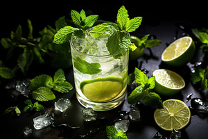 Alcoholic mojito with ice and mint on black background, a Food & Drink Photo by AlyaAnd