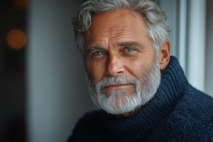 Portrait of a middle-aged Caucasian man with a gray beard, wearing a cozy sweat, a Person Photo by ImageMir
