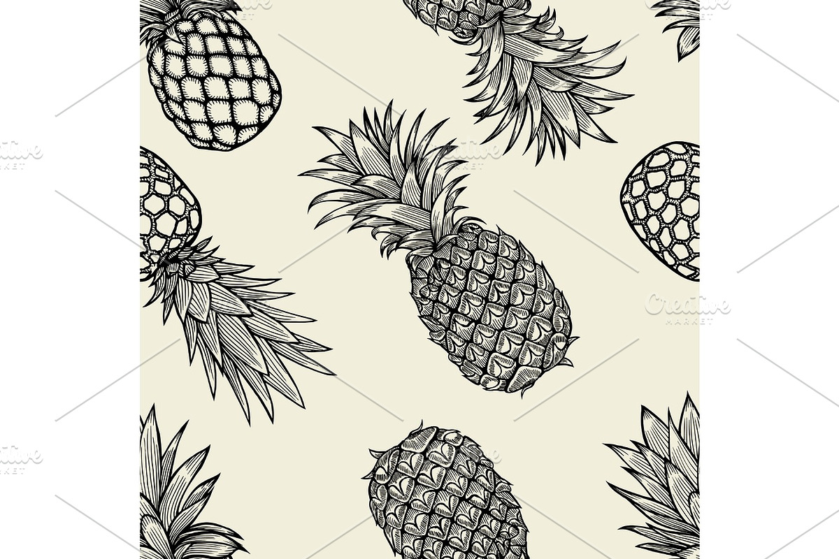 pineapples hand drawn sketch., a Food Illustration by IllustrationArtShop