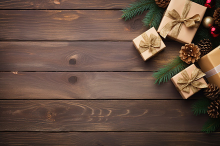 Christmas gift boxes on brown wooden background, a Holiday Photo by AlyaAnd
