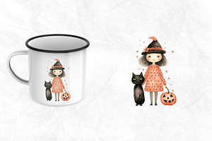 Cute Autumn Witch Watercolor Clipart