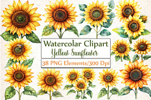 Yellow Sunflower Watercolor Flowers, an Illustration by DreamCafeArt