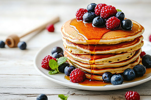 Delicious stack of fluffy pancakes topped with fresh berries and syrup, a Food & Drink Photo by AlyaAnd