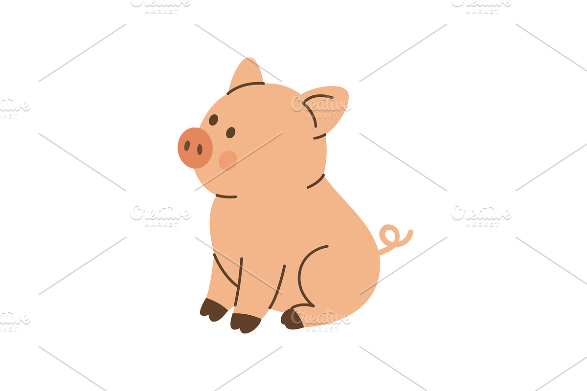 Cute cartoon piglet sitting with, an Animal Illustration by GraphiShop