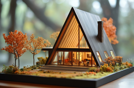 A detailed miniature model of a modern A-frame house surrounded by autumn trees, an Architecture Photo by Textures & Backgrounds