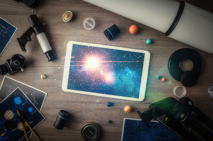 Detail of a telescope parts and tablet on blue table, a School & Education Photo by Davizro's Market
