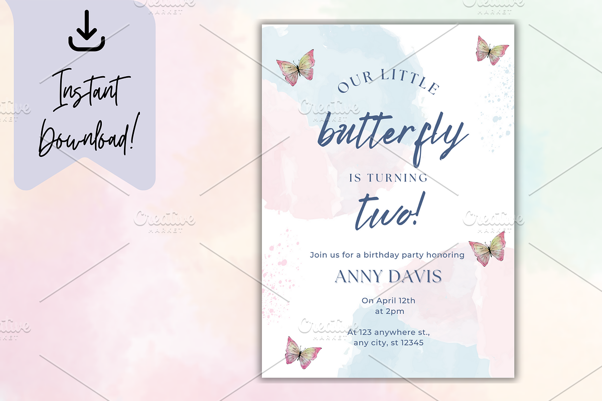 Butterfly Birthday Invitation Card, a Print Template by TheSimplySereneShop (Photo 4 of 5)
