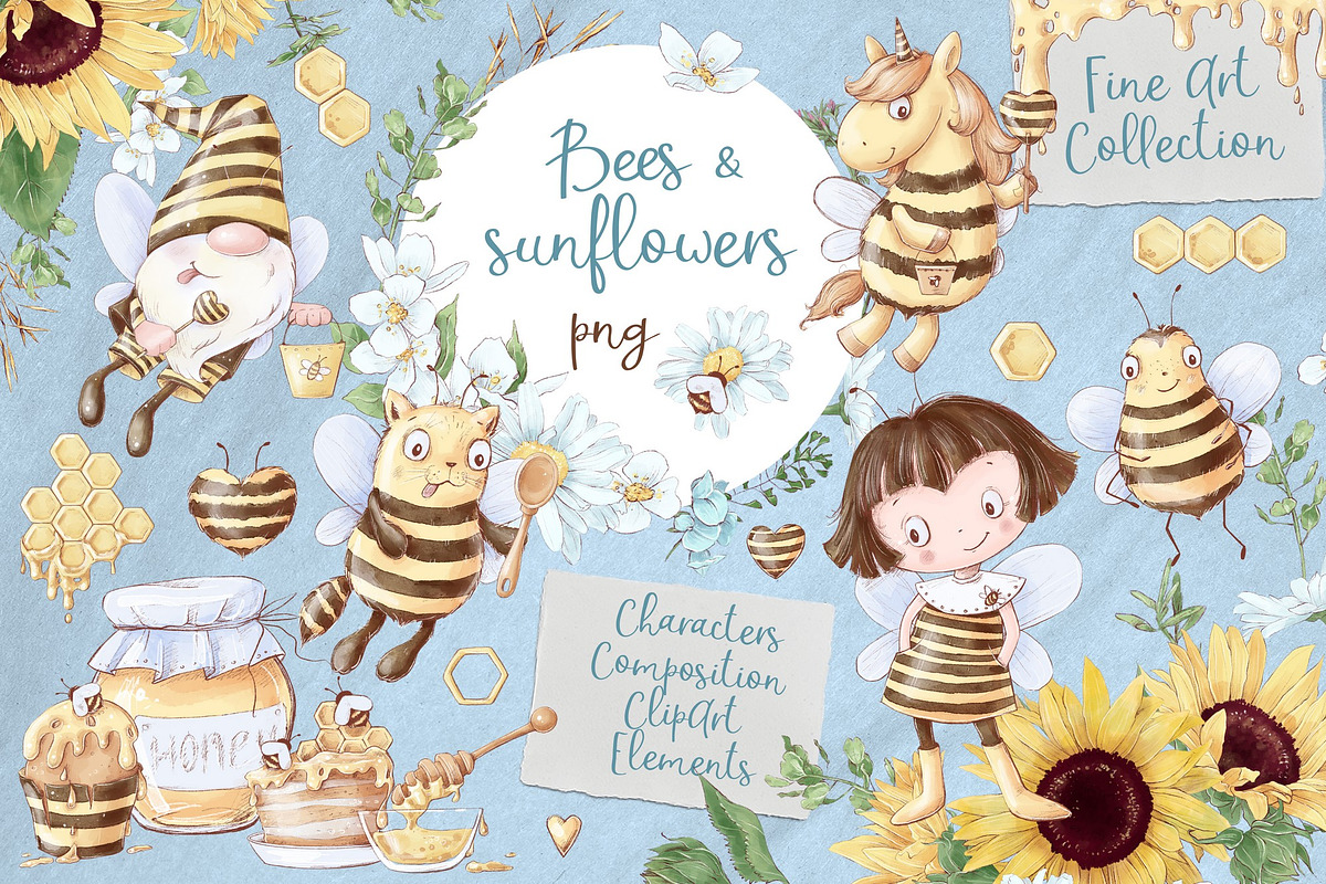 Bees & sunflowers Digital clipart., an Illustration by Yuliya Art (Photo 1 of 8)