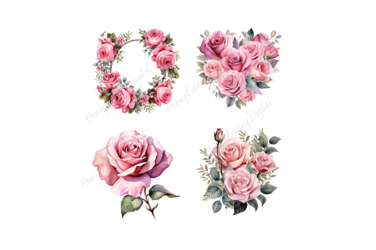 Watercolor Pink Rose Clipart, a Decorative Illustration by HoneyBunnyDigital (Photo 4 of 7)