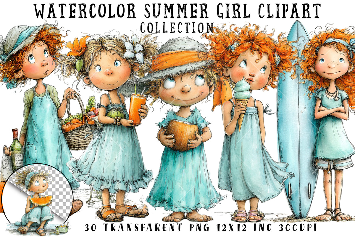 Watercolor Summer Girl Clipart, an Illustration by OK Design (Photo 1 of 6)