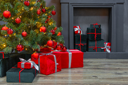 Gifts and Christmas tree. Festive Ch