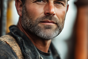 A well testing operator rugged construction worker with a beard and an orange h, a Person Photo by Textures & Backgrounds