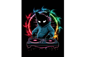 Colorful DJ Cat Illustration With