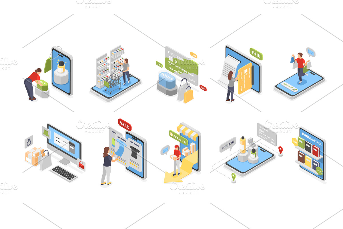 Isometric online shopping. People, a Technology Illustration by Valerie Bodnar