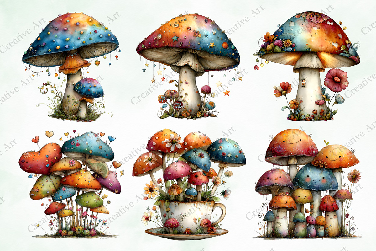 Watercolor Whimsical Mushroom Bundle, an Illustration by Creative Art (Photo 3 of 10)