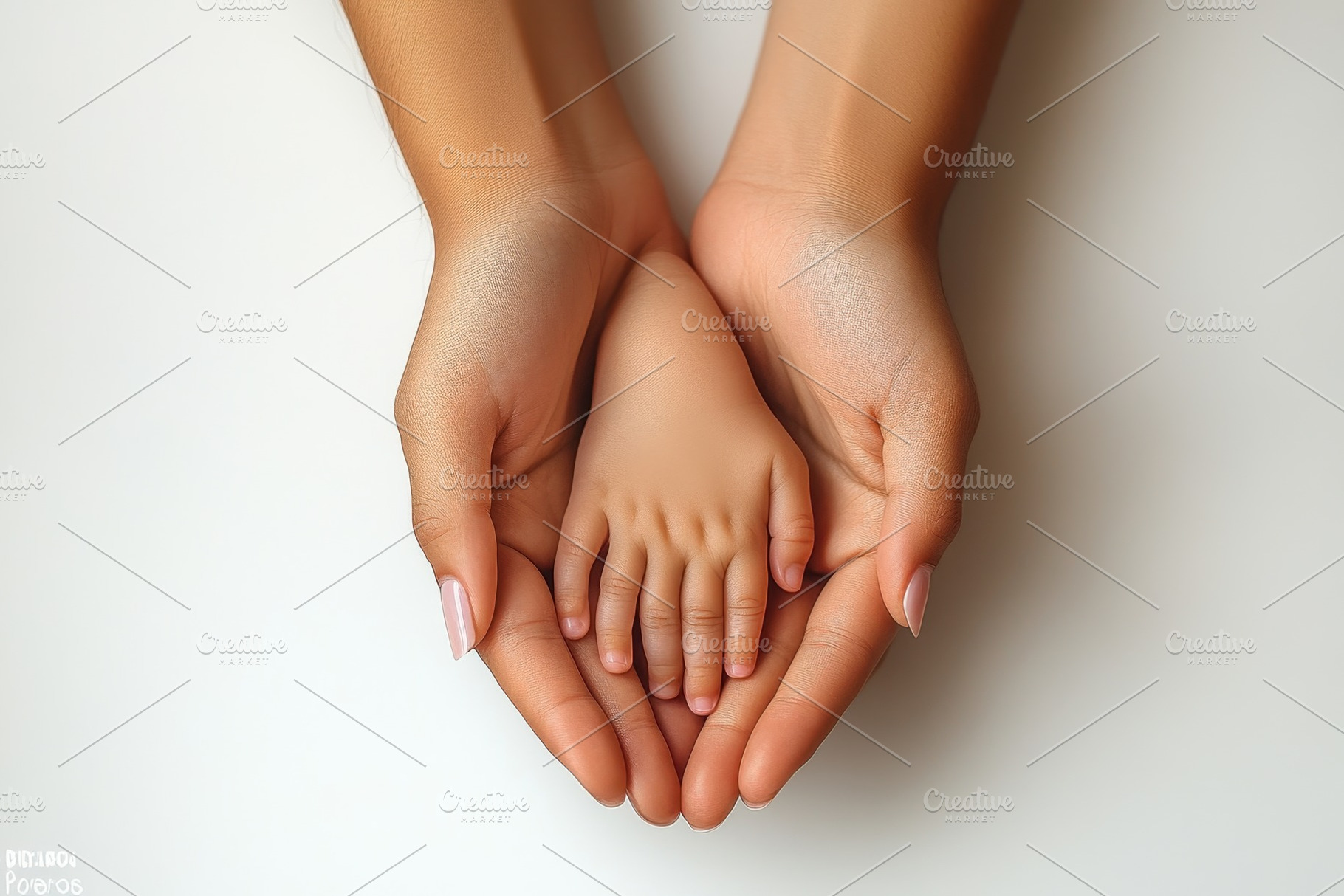 Hands of a parent gently cradling th, a Photo by Tanuart