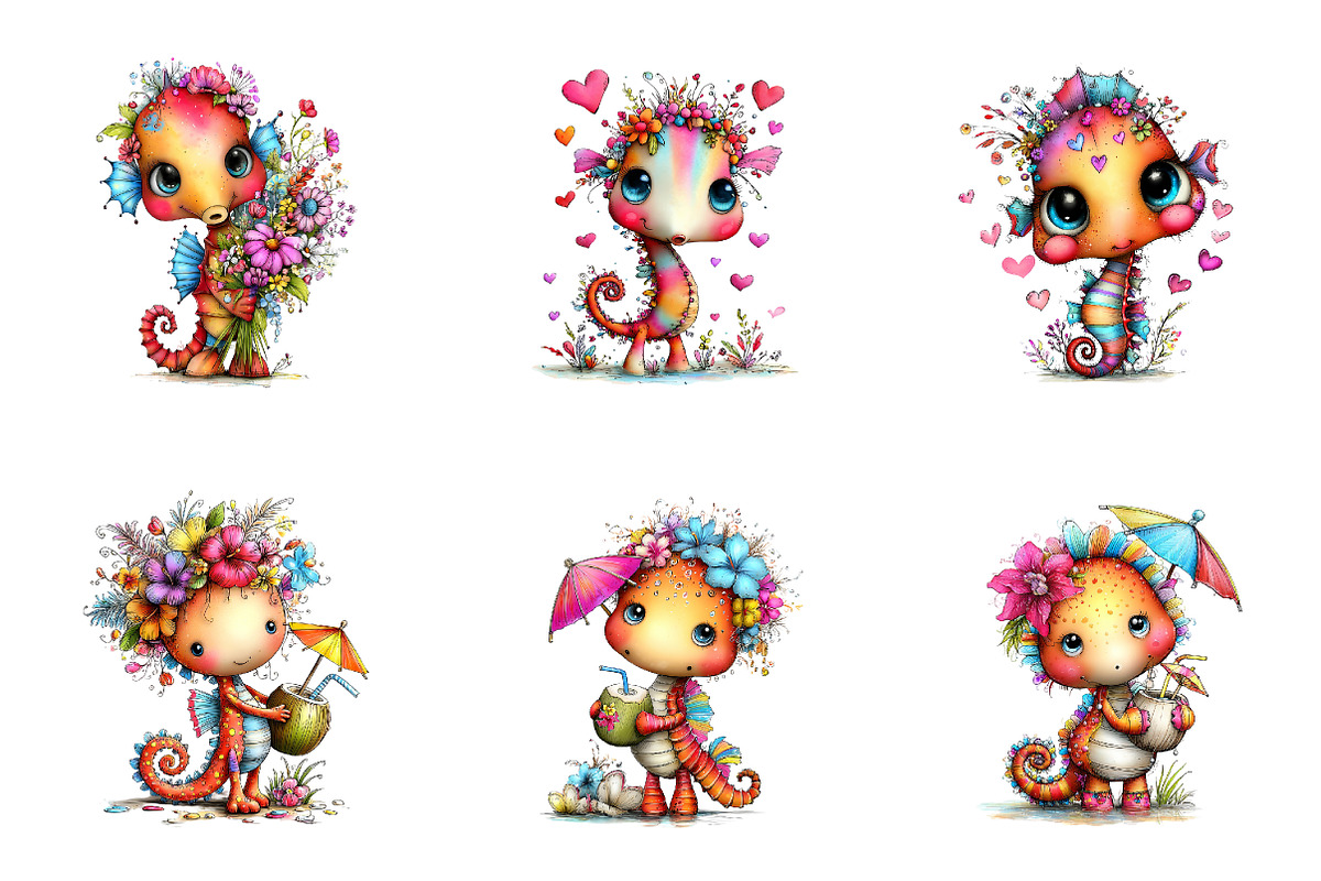 Whimsical Summer Seahorse Clipart, an Illustration by CreationArt (Photo 4 of 7)