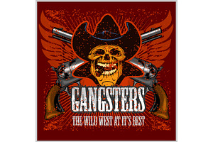 Gangster Skull With Cowboy Hat And Pistols