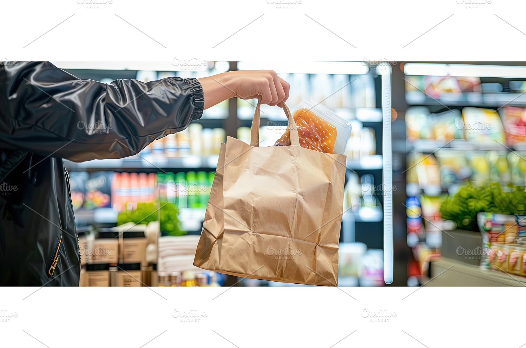 Customer Holding Grocery Bag with, a Food & Drink Photo by piter.goskov