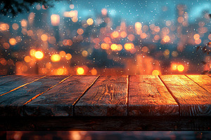 Illuminated wooden table with city lights and a magical atmosphere, an Illustration by AS photostudio