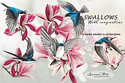 Swallows with magnolias Clipart Set, a Seasonal Illustration by Leonaa art (Thumbnail 3 of 11)