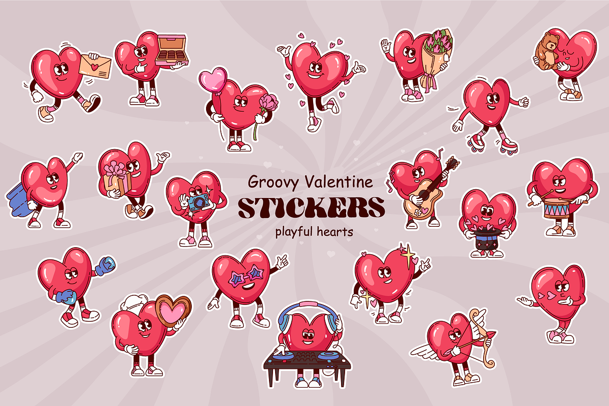 Groovy Valentine Heart Stickers, a Decorative Illustration by VictoriaSergeeva (Photo 1 of 3)