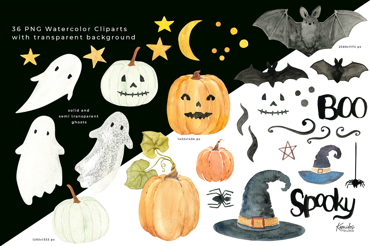 Watercolor Halloween PNG Clipart Set, an Illustration by Kamides (Photo 2 of 5)
