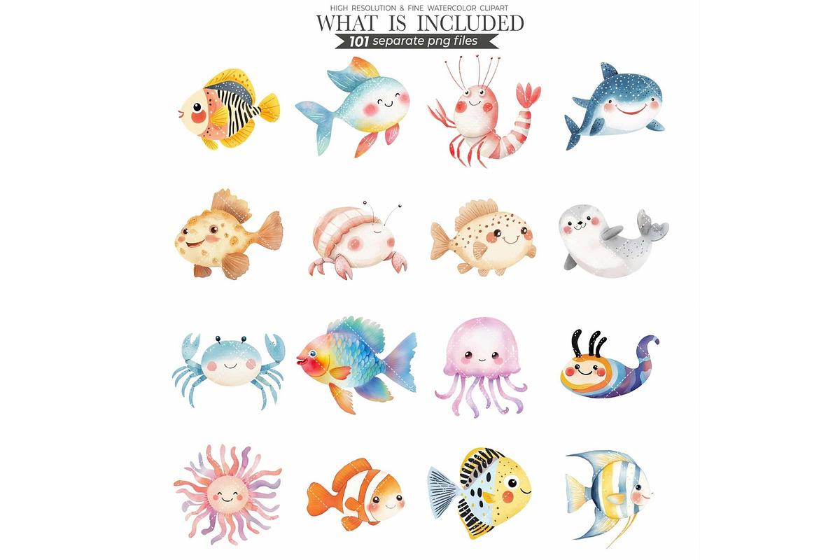 Cute Sea Animals Watercolor Clipart, an Animal Illustration by CharmClipart (Photo 3 of 9)