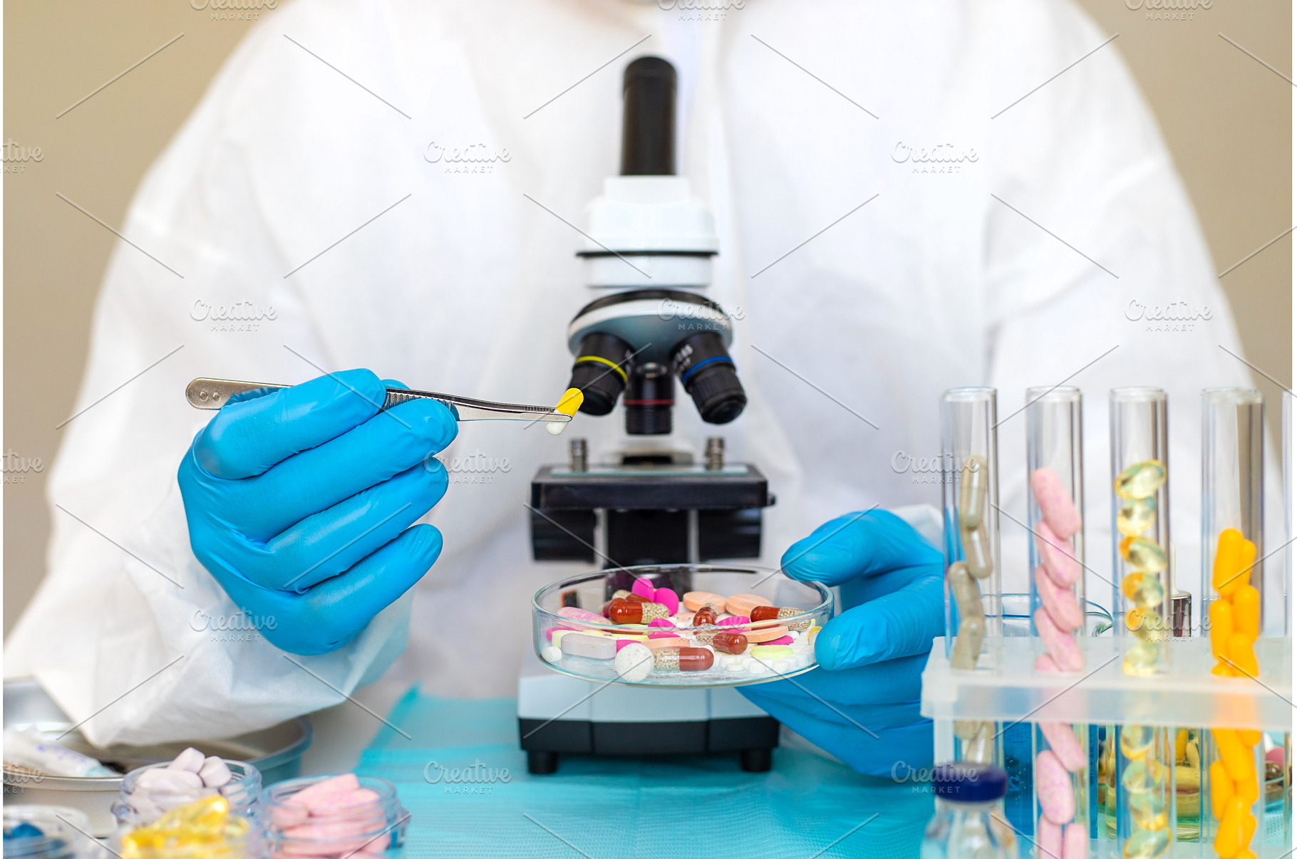 examine drugs in the laboratory, a Health & Medical Photo by yanadjana