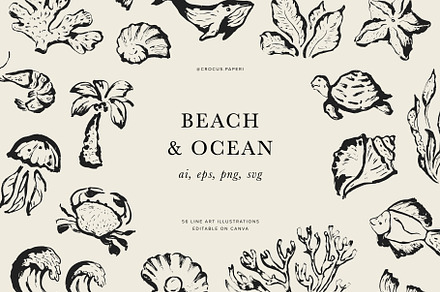 SEA, OCEAN, BEACH ink sketches, a Seasonal Illustration by Crocus Paperi