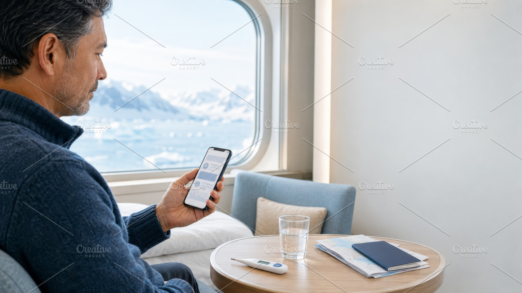 Man looking at phone on cruise with sea view, showcasing technol, a Photo by Dvoevnore photos