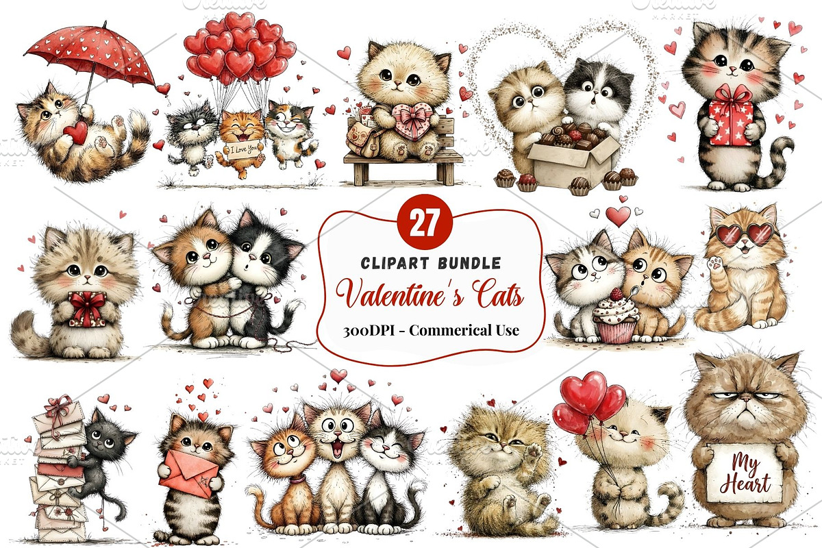 Whimsical Valentine Cat Clipart PNG, an Animal Illustration by maryamdesignarts (Photo 1 of 12)