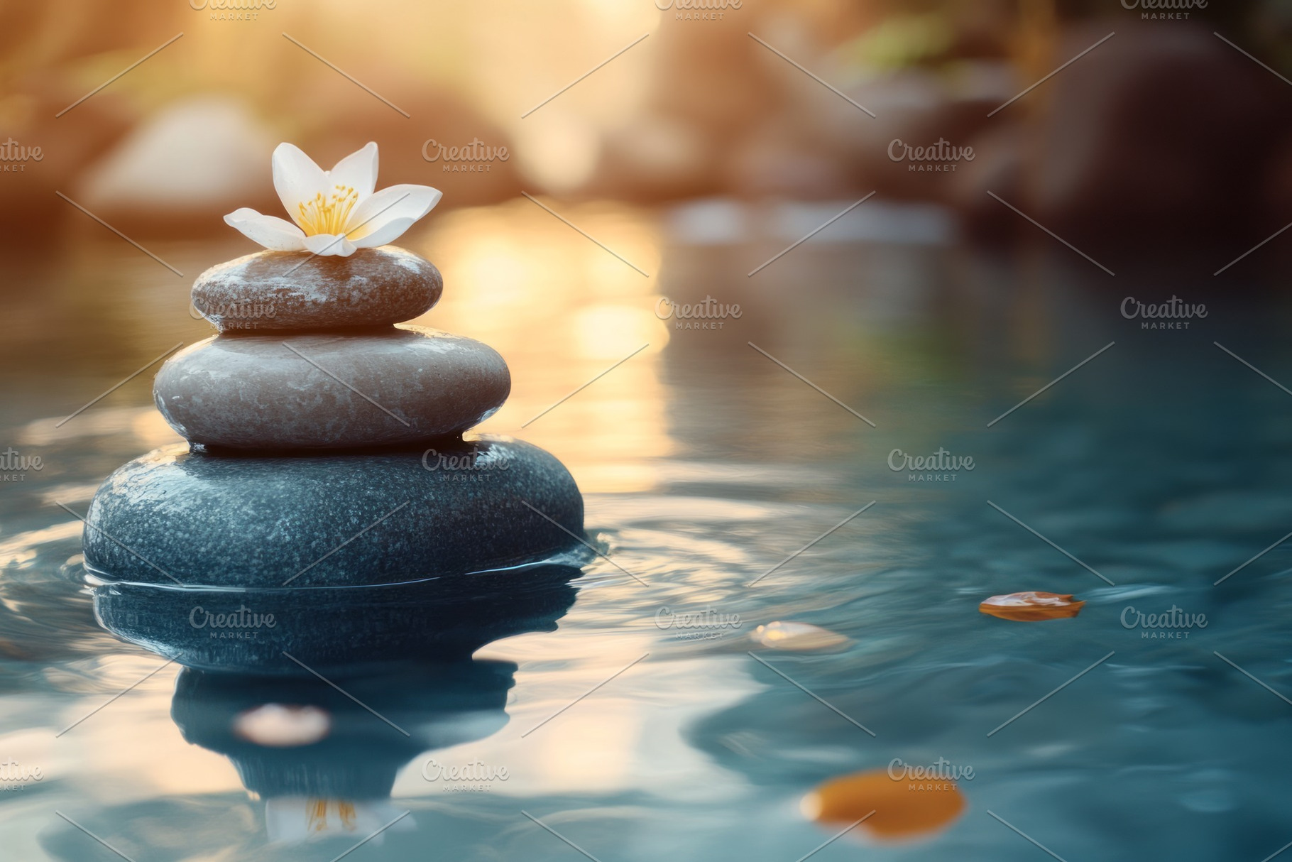 A serene stack of smooth stones in a tranquil pool, adorned with a delicate whi, a Background Photo by ImageMir