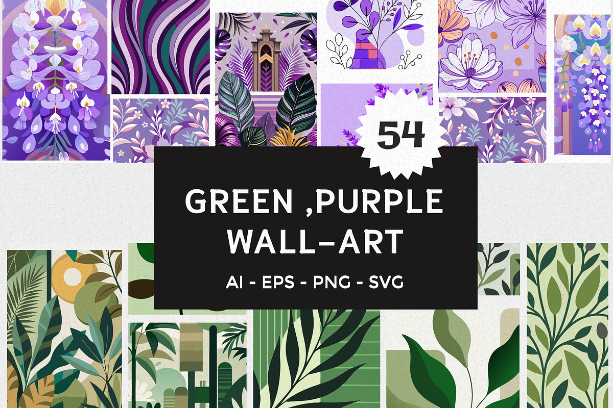 Green & Purple Botanical Wall Art, a Wallpaper Graphic by Helospace (Photo 1 of 10)