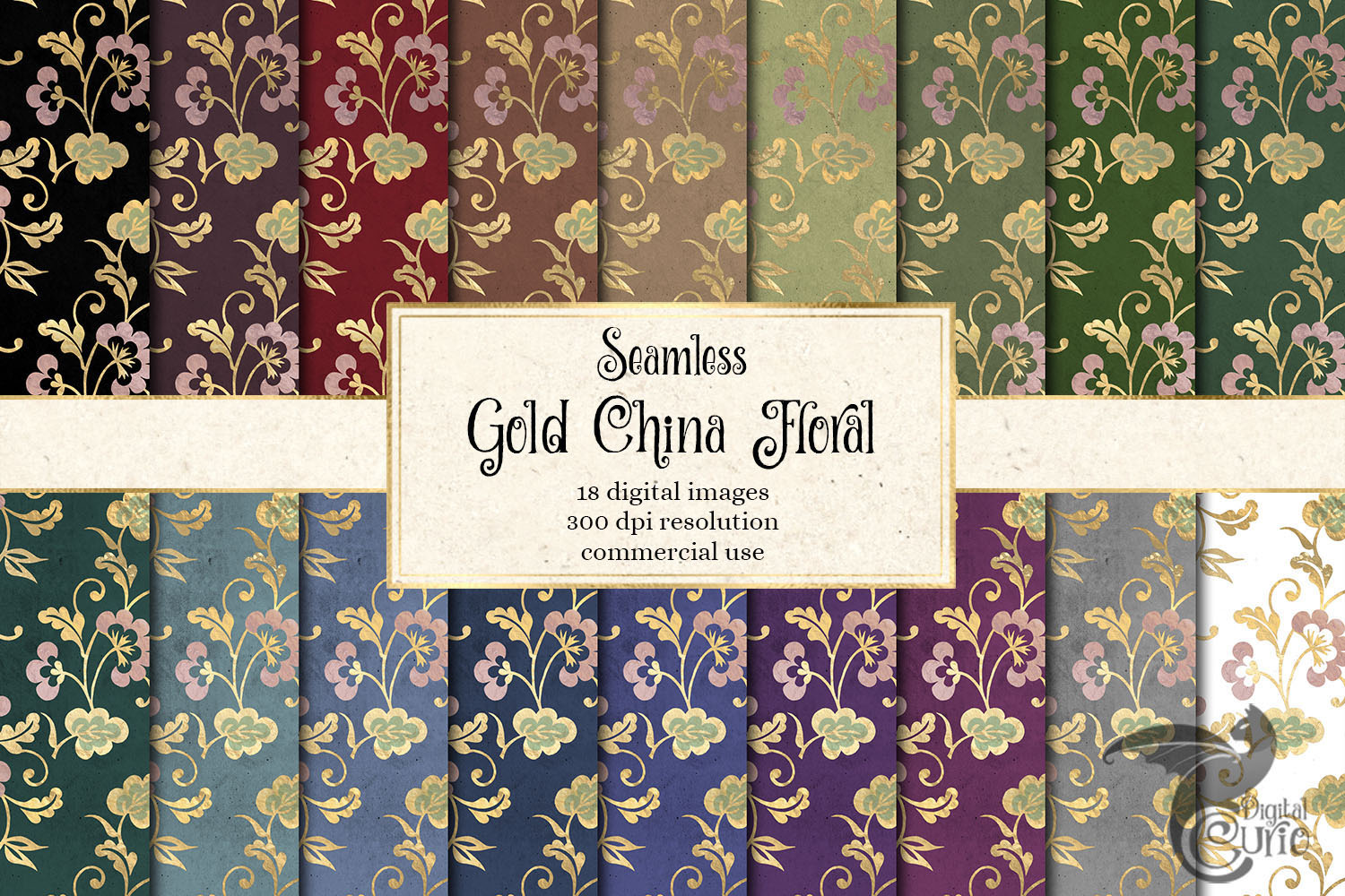 Gold China Floral Digital Paper, a Pattern Graphic by Digital Curio