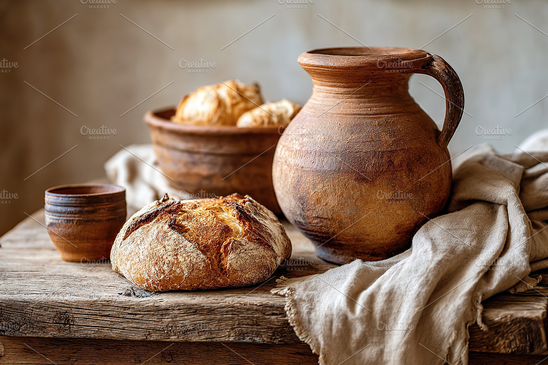 Life with clay jug and fresh bread on rustic wooden table in traditional settin, a Food & Drink Photo by AlyaAnd