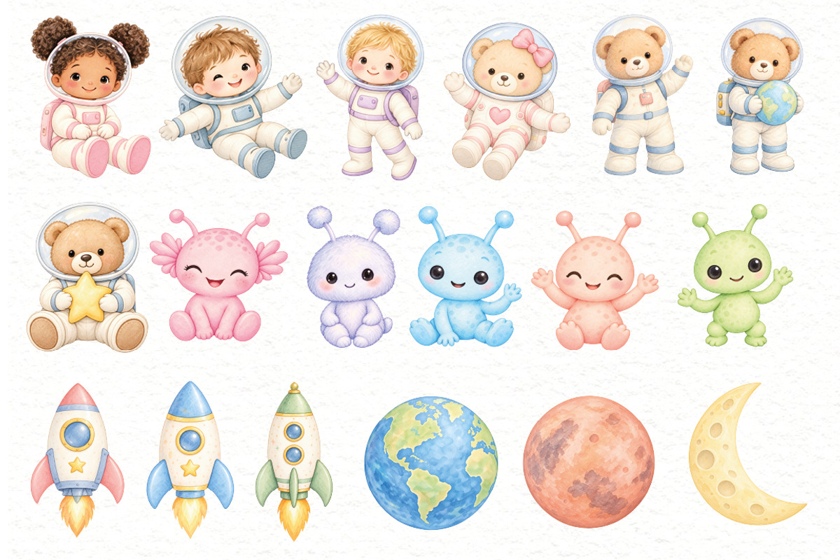 Watercolor Astronaut Clipart Bundle, a Person Illustration by Villa 11 Estudio (Photo 3 of 7)