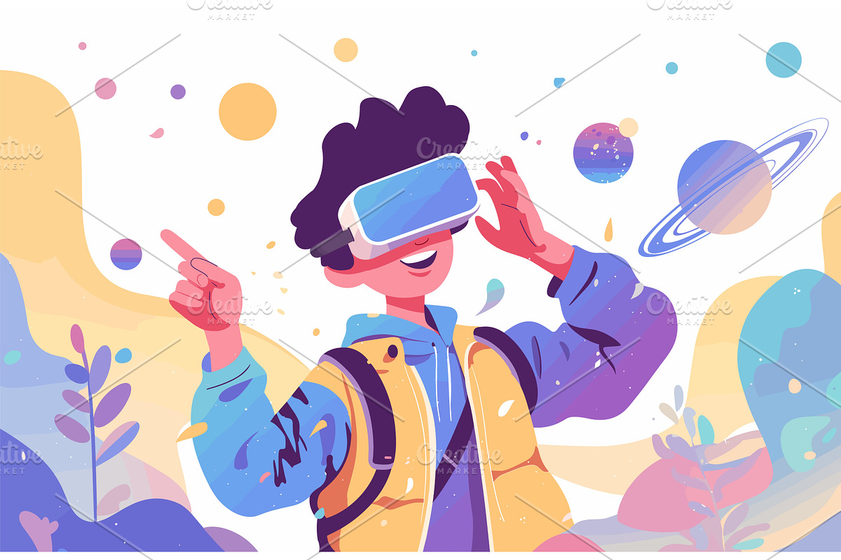 cartoon boy using vr glasses in, a Technology Illustration by LadadikArt