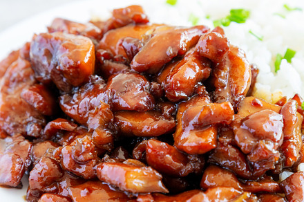 Homemade Teriyaki Chicken with White Rice on A Plate, side view., a Food & Drink Photo by LiudmylaChuhunova
