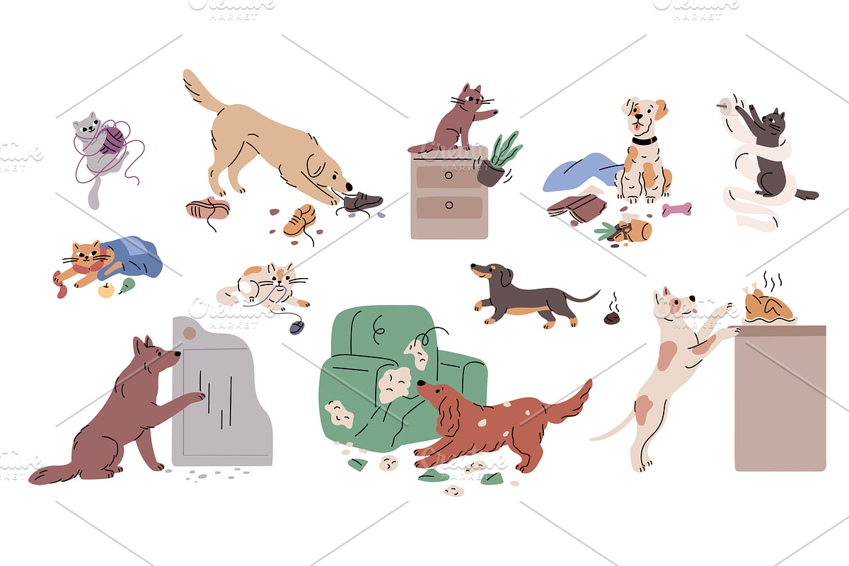 Pets bad behavior. Naughty cats and, an Animal Illustration by YummyBuum